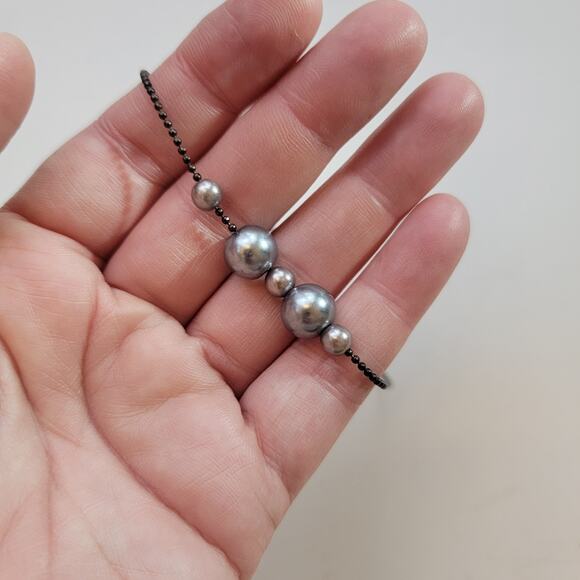 Gray Metallic Bead Choker 14 Inch Black Chain Necklace Vintage Costume Jewelry - Picture 9 of 10